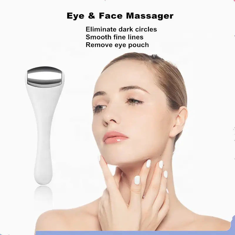 Woman using Freshé IceGlow Roller™ under eyes for smoother, glowing skin.