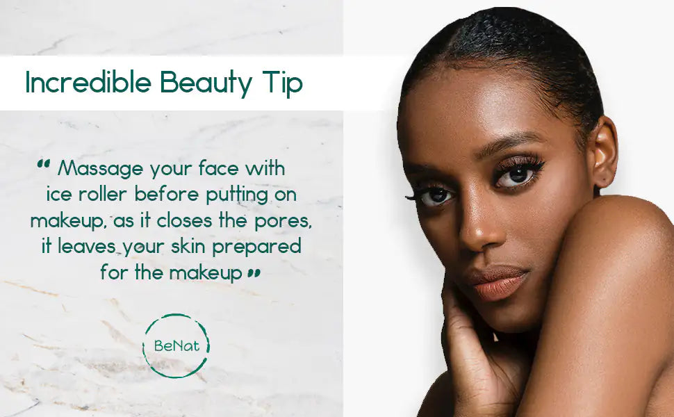 Woman using Freshé IceGlow Roller™ under eyes for smoother, glowing skin.